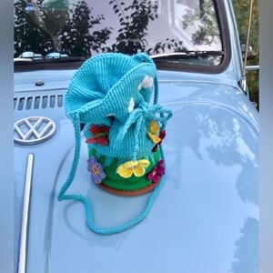 Handmade Knit & Crochet Nice Day Round Small Floral Butterfly Crossbody Bag